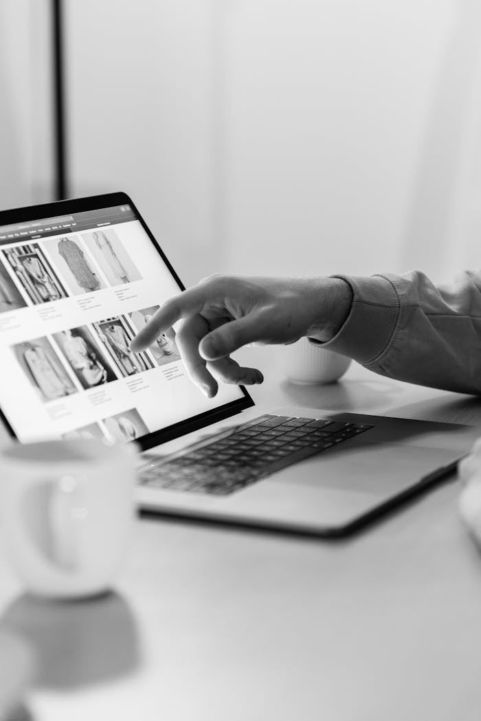 creative Black and white photo of a person shopping online on a laptop, highlighting e-commerce technology.